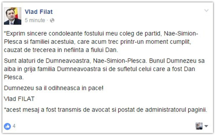 Vlad Filat a postat un mesaj pe pagina sa de facebook