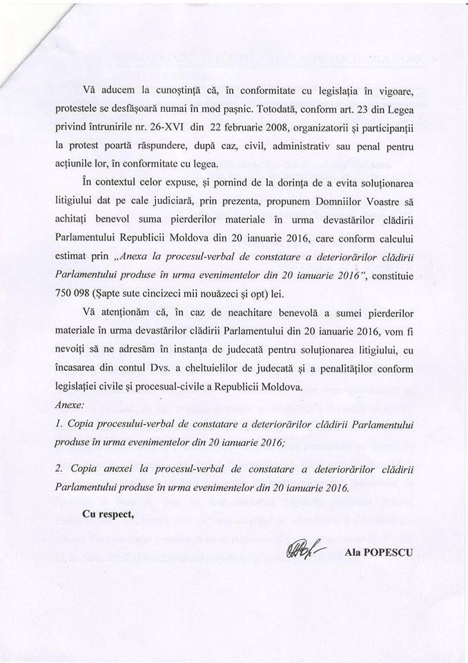 От лидеров протестующих требуют 750 тысяч леев для возмещения ущерба от протеста 20 января