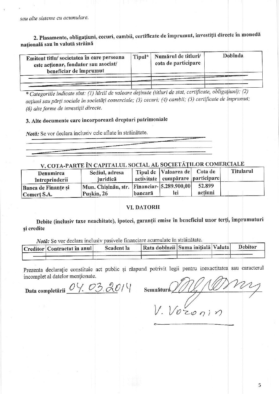 Vladimir Voronin şi-a făcut publică declaraţia de avere