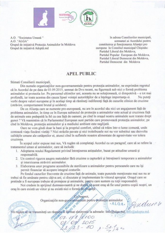 Scrisoare deschisa pentru apararea animalelor