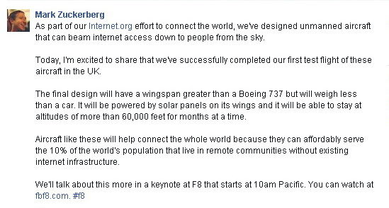Facebook протестировал дроны, раздающие Интернет