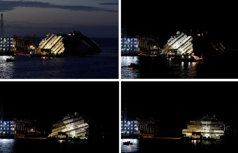 Затонувший лайнер Costa Concordia поставлен на киль