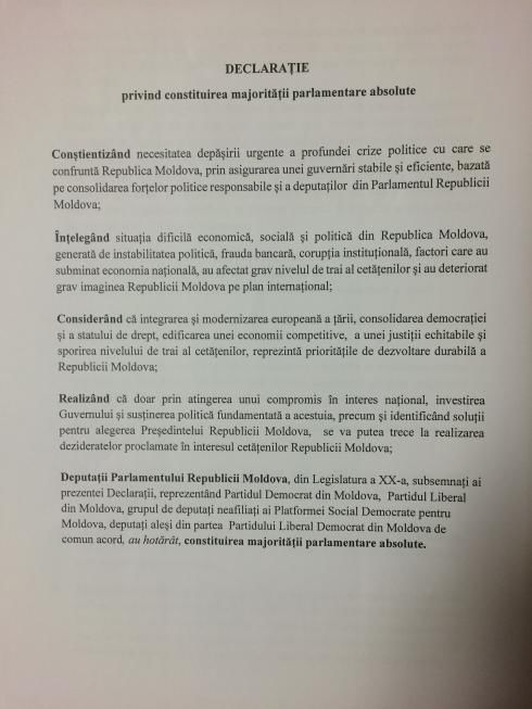 Тимофти вручили Декларацию о формировании нового парламентского большинства