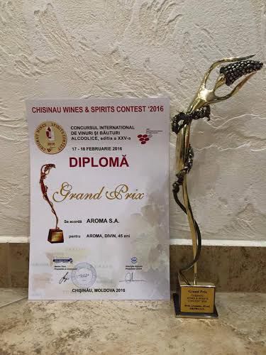 Золото XXV Международного конкурса вин 2016 года в Молдове у дивинов " Арома".
