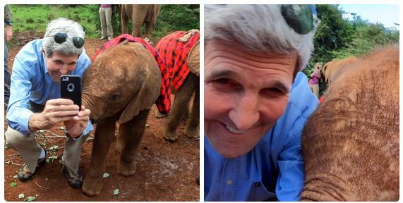John Kerry a făcut un selfie cu un pui de elefant