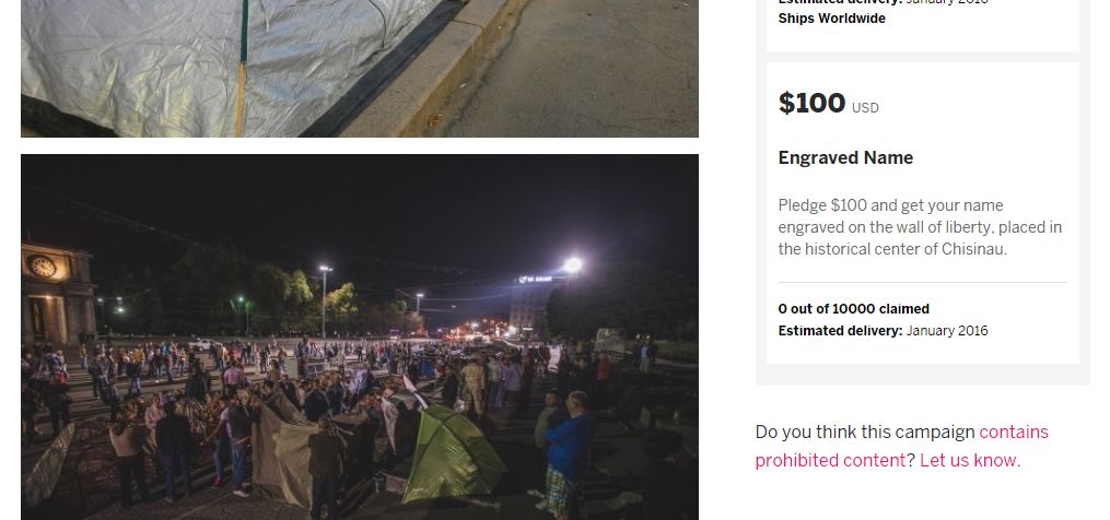 „Pentru 100$, numele tău va fi gravat pe Zidul Libertății”. Protestatarii strâng bani pe Indiegogo