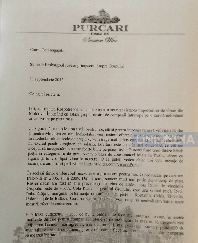 Scrisoare internă! Mesajul trimis de șeful Purcari către cei 600 de angajați!