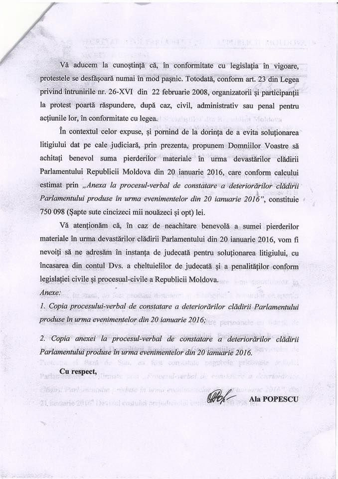 Pagubele protestelor din Parlament se ridică la 750 de mii de lei