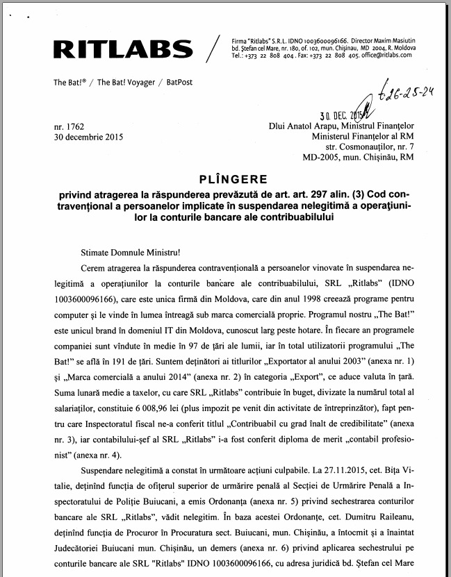 Ritlabs SRL cere ajutorul ministrului Finantelor. E vorba de persecutii!