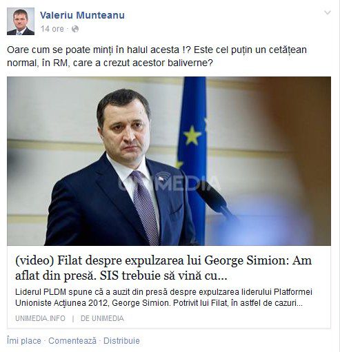 Liberalul Munteanu spune că Filat e mincinos
