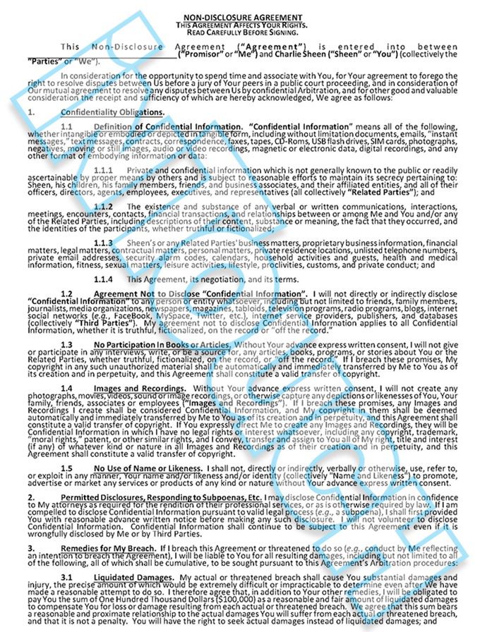 Опубликовано соглашение о неразглашении для партнерш Чарли Шина