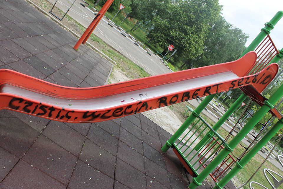 В центральном парке Леово вандалы повредили дорожные знаки и разрисовали детские горки