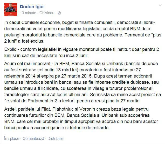 Dodon afirmă că furturile de la BEM vor continua