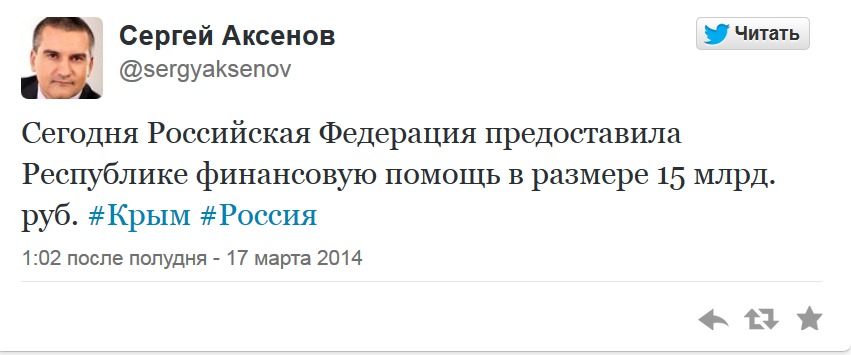 Россия предоставила Крыму финпомощь в сумме 15 миллиардов рублей