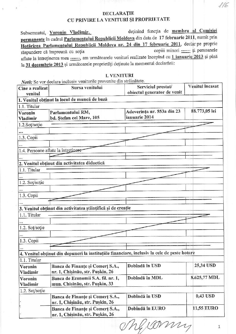 Vladimir Voronin şi-a făcut publică declaraţia de avere