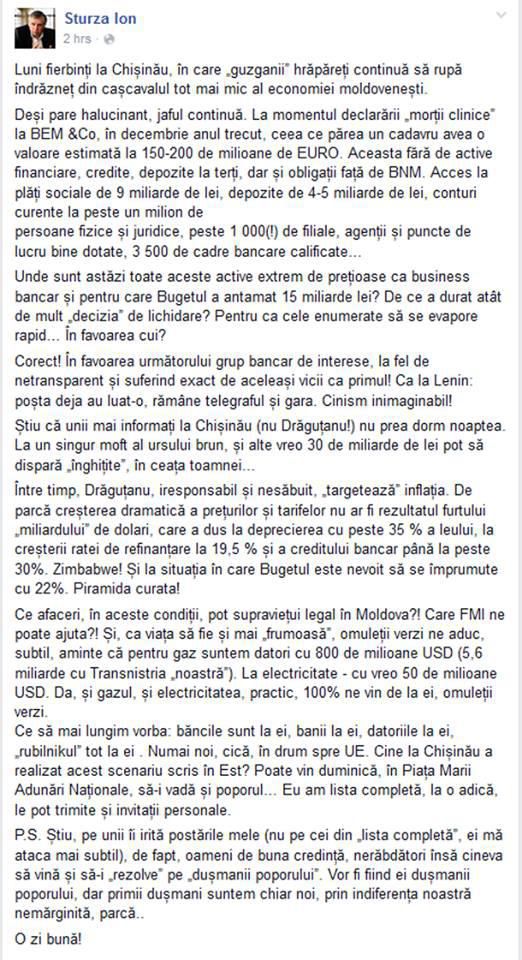 Sturza: Jaful de la BEM continuă. Încă 30 de miliarde riscă să dispară