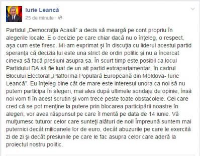 Minus un partid în Blocul „Leancă”