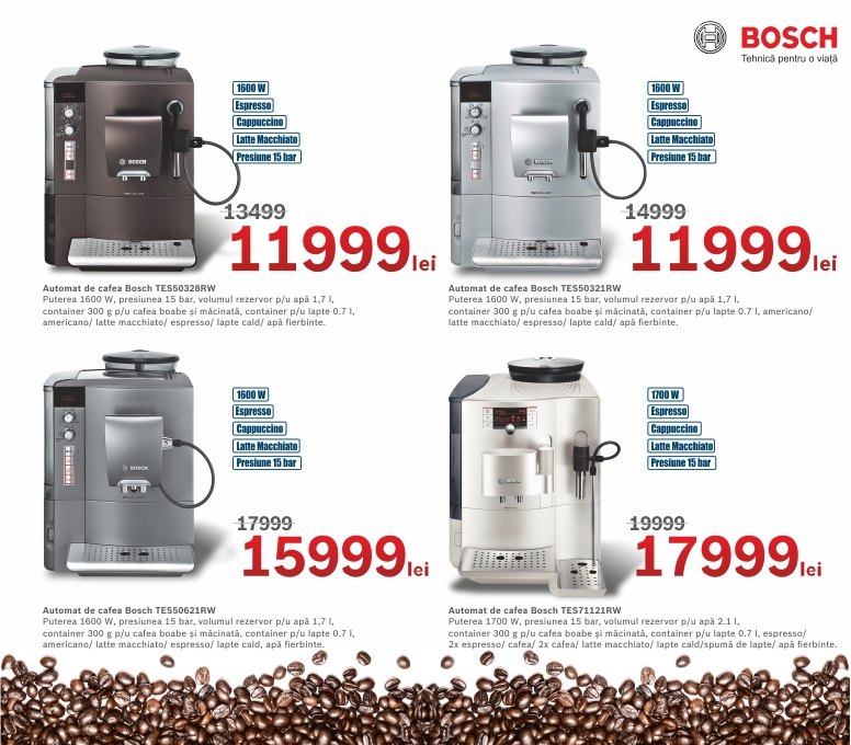Bosch Siemens – magazin de firmă pentru cunoscători şi gurmanzi. Reduceri până la 40% pentru Expresoarele Automate de Cafea