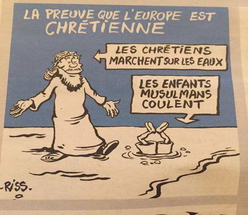 Charlie Hebdo, caricatură cu băiețelul sirian înecat