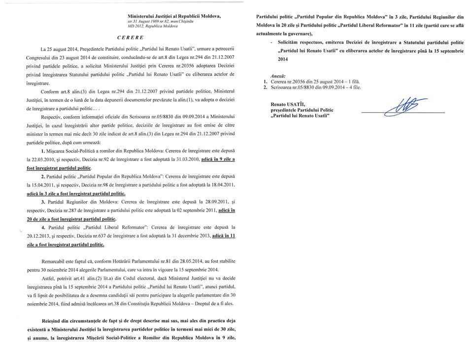 Ministerul Justiţiei amână înregistrarea Partidului lui Usatîi