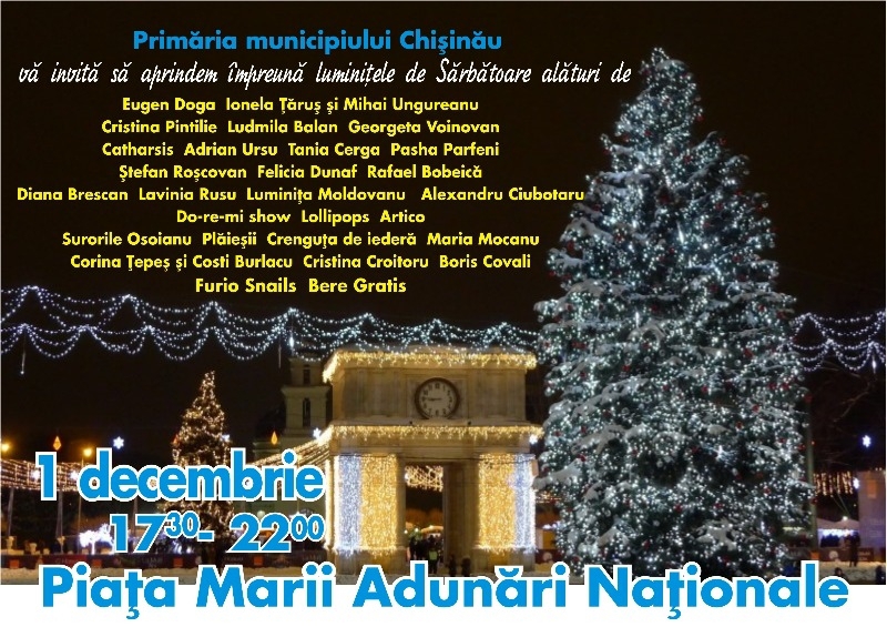 Pomul de Crăciun din Chișinău își aprinde astăzi luminițele