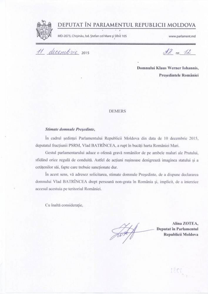 Алина Зотя просит Клауса Йоханниса объявить депутата ПСРМ персоной нон грата в Румынии