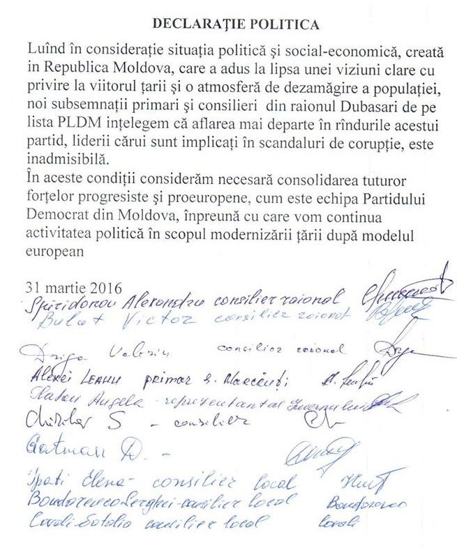 PLDM, părăsit de mai mulţi primari şi consilieri la Dubăsari
