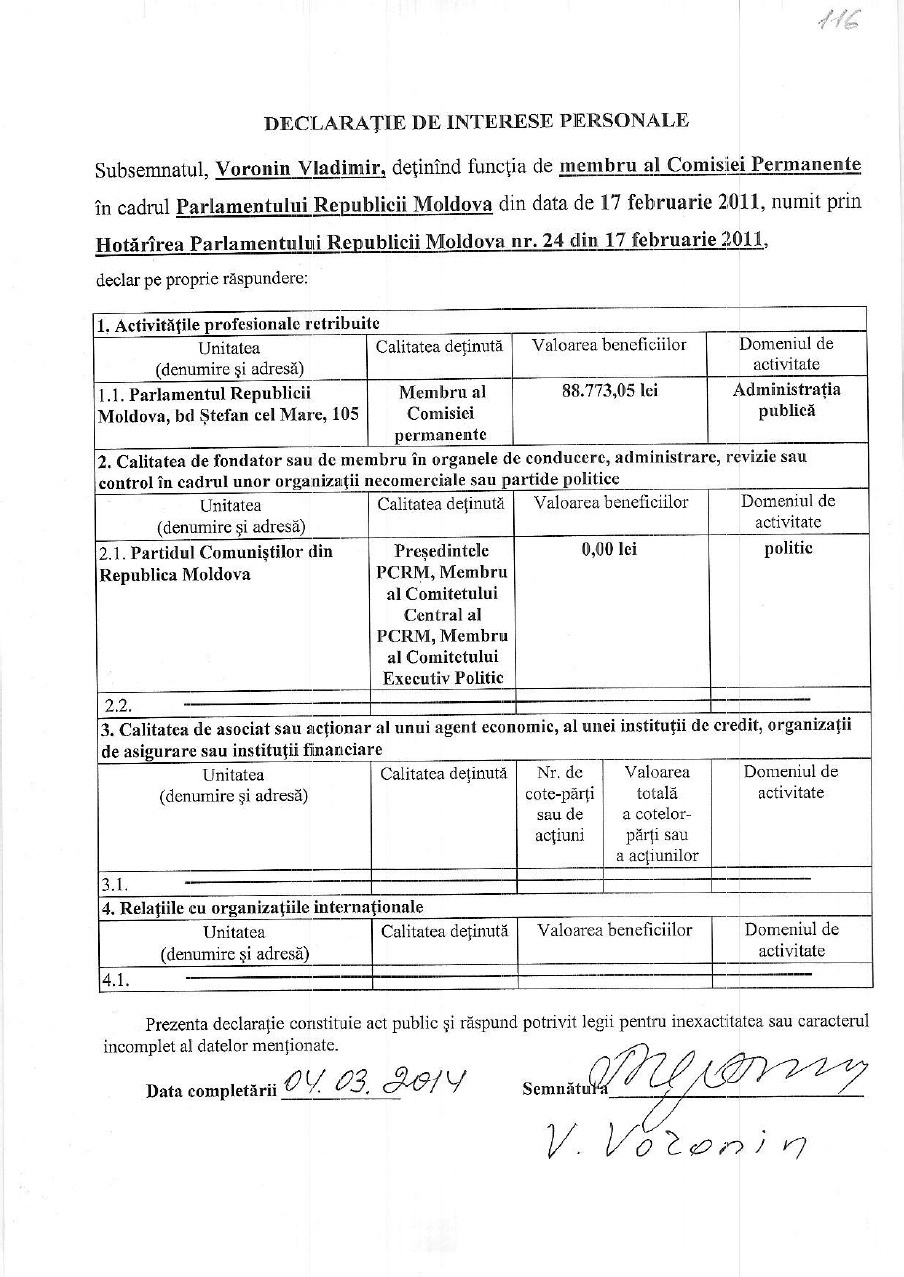 Vladimir Voronin şi-a făcut publică declaraţia de avere