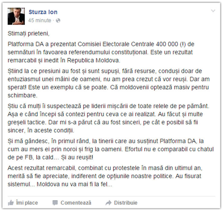 Ion Sturza, despre reușita Platformei DA: Au fisurat sistemul... Moldova nu va mai fi la fel!