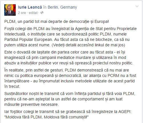 Leanca nu-si va inregistra Partidul Popular European