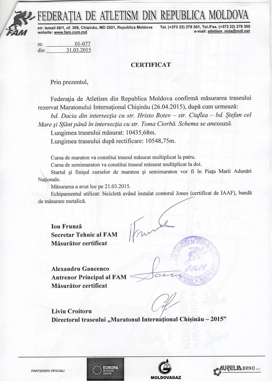 Traseul Maratonului din Chişinău a obţinut certificatul FAM