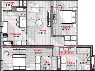 Apartament cu 3 camere, 81 m², Centru, Chișinău