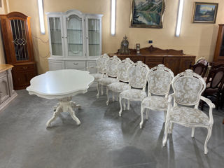 Masa cu 6 scaune barok de culoare alba din lemn foto 4