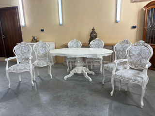 Masa cu 6 scaune barok de culoare alba din lemn foto 7
