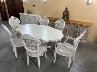 Masa cu 6 scaune barok de culoare alba din lemn foto 5