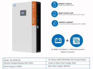 Off-grid all in one acumulator 5kW și 10kW cu invertor inclus, de perete foto 4