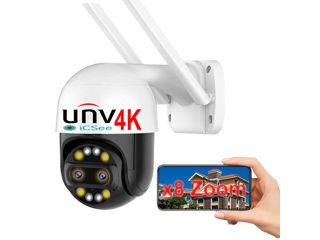 8MP x8 Zoom Dual lenz UHD UNV Rotativa exterioara Camera WiFi neagra cu microfon sirena ICSEE