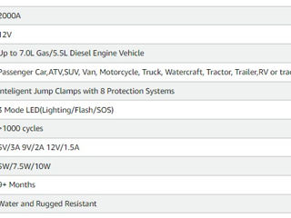 Booster, Пусковое устройство, Jump Starter 2000 ампер foto 8