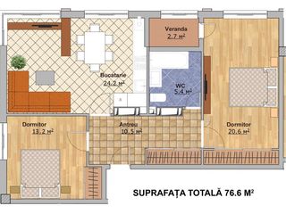 Apartament de vânzare, Chișinău, sec. Telecentru, bloc nou, 2 odăi cu living și garaj, 77 m2, et.4 foto 9