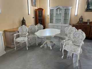 Masa cu 6 scaune barok de culoare alba din lemn foto 8