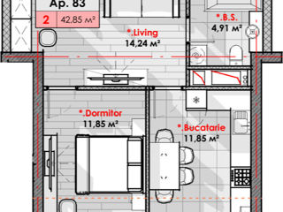 1-комнатная квартира, 42 м², Рышкановка, Кишинёв