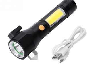 Светодиодный многофункциональный фонарик с молотком и резаком USB foto 4