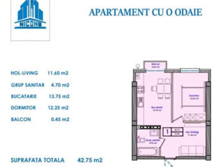 Apartament cu 1 cameră, 43 m², Durlești, Chișinău foto 2