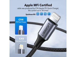 Cablu iPhone Ugreen, MFI, USB Type-C la Lightning,1,5 m, Verde foto 10