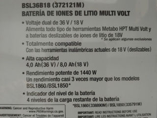 Baterie Metabo HPT MultiVolt Battery 36V/18V, 4.0 Ah/8.0 Ah, Lithium Ion, Slide Style foto 3