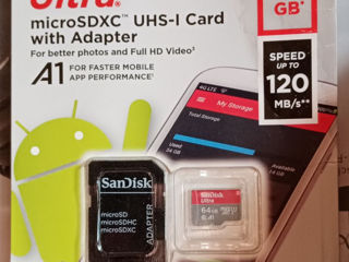 Micro SDXC карта 64 ГБ, Флеш накопитель SanDisk с разъемными переходниками, UHS 1! Нов!