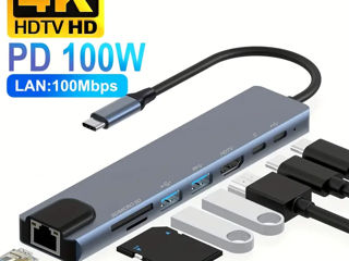 Hub USB C 8-în-1 cu 4K HDTV, 100W PD, USB 3.0, RJ45, SD/TF, compatibil Steam Deck