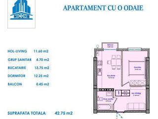 Apartament cu 1 cameră, 43 m², Durlești, Chișinău foto 2