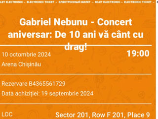 2 bilete la concertul Gabriel Nebunu, 10 octombrie la Arena