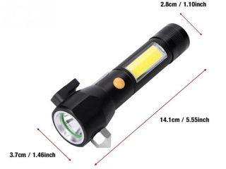 Светодиодный многофункциональный фонарик с молотком и резаком USB foto 5
